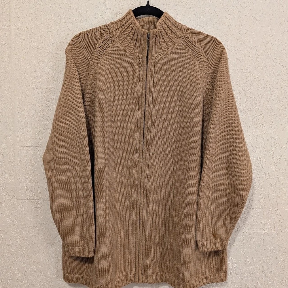 Mens Lands End Tan Full Zip Knit Sweater M Excellent Mock Neck Raglan Sleeve